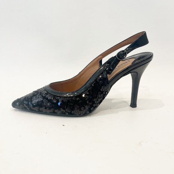 J.Renee Chinaetta Black Diamond Sequin Fabric Slingback Heels Size 6 Dressy - Picture 3 of 9